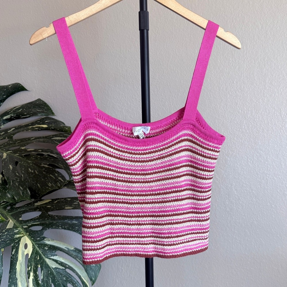 Lucy Paris Womens Pink Striped Knit Tank Top Square Neck Sleeveless Large NEW